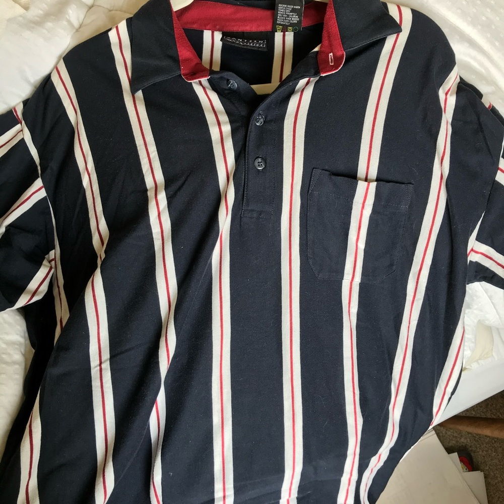 Navy blue, white, red stripped Polo